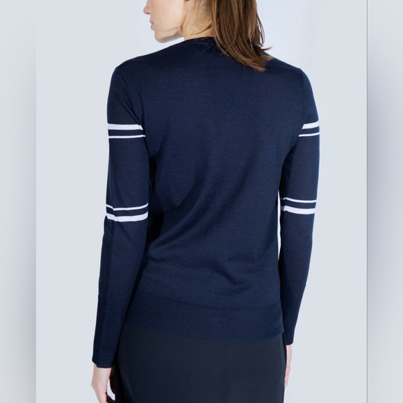 L'etoile Sport Navy Blue Stripe 100% Merino Wool Crewneck Tennis Racquet Sweater - Picture 6 of 13